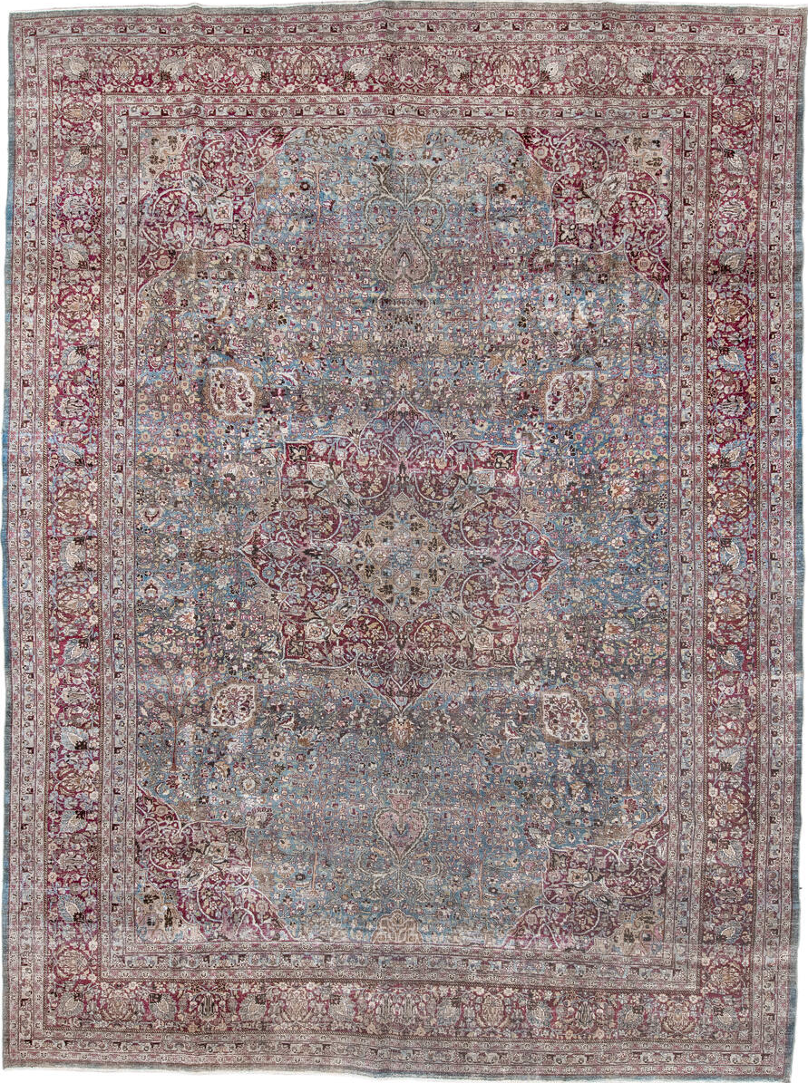 11' x 15' one-of-a-kind handmade vintage Meshed oversize rug. Color palette: blue, brown, dim gray, gray, lavender blush