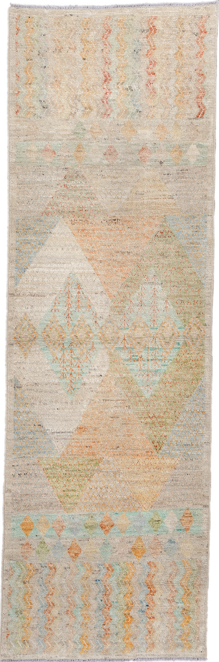 3' x 9' one-of-a-kind handmade vintage Kilim runner rug. Color palette: brown, gray, light gray, off-white, orange, pink