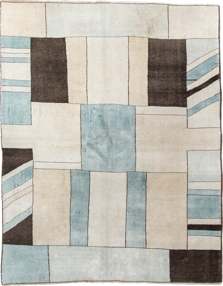 5' x 6' one-of-a-kind handmade vintage Art Deco rug. Color palette: antiquewhite, brown, dark gray, dim gray, gray