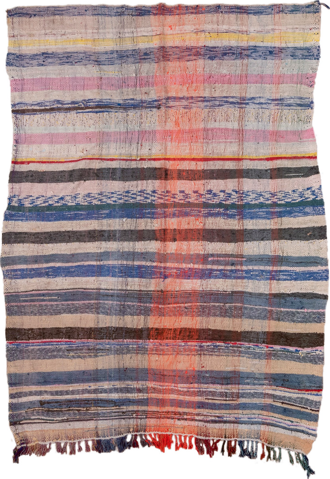 5' x 6' one-of-a-kind handmade vintage Textile rug. Color palette: blue, brown, gray, light gray, off-white, pink, red