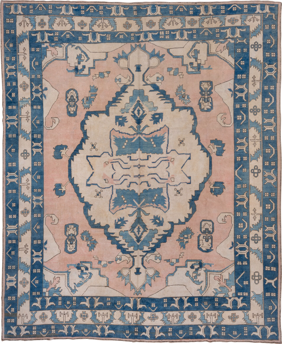 10' x 12' one-of-a-kind handmade vintage Oushak large size rug. Color palette: arapawa, blue, fiord, gray, light gray