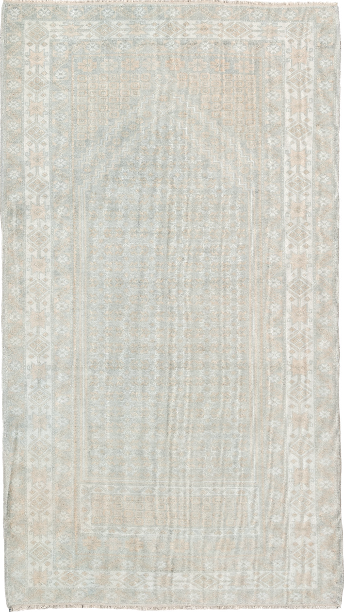 3' x 6' one-of-a-kind handmade vintage Anatol small size rug. Color palette: light gray, gray, off-white, pink, linen