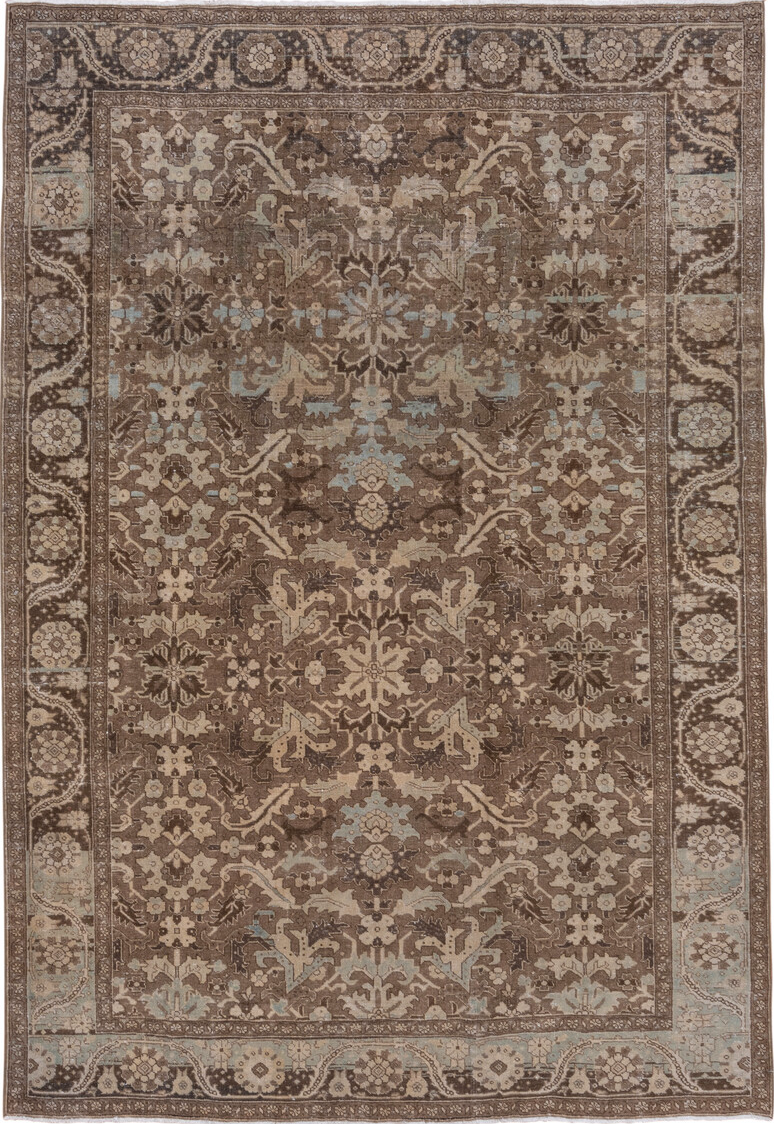 6' x 10' one-of-a-kind handmade vintage Heriz large size rug. Color palette: brown, gray, light gray, off-white, pink, snow