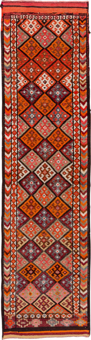 2' x 10' one-of-a-kind handmade vintage Oushak runner rug. Color palette: brown, gray, light gray, off-white, orange, pink