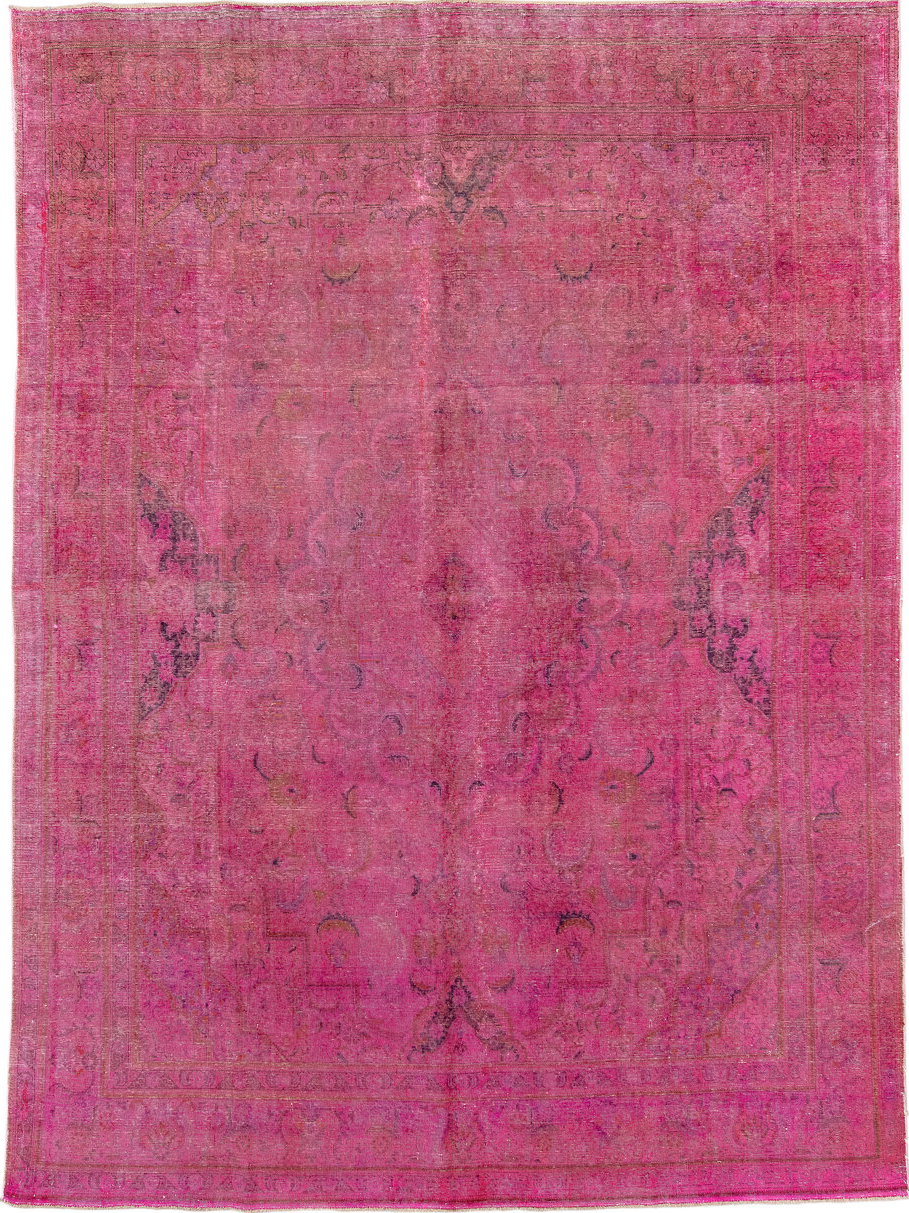 9' x 13' one-of-a-kind handmade vintage Overdyed large size rug. Color palette: brown, pale violet red, pink, red