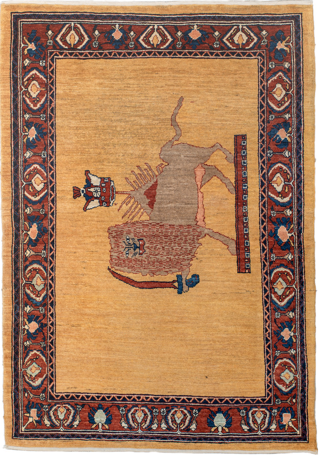 3' x 5' one-of-a-kind handmade vintage  small size rug. Color palette: blue, brown, fiord, gray, off-white, orange, red