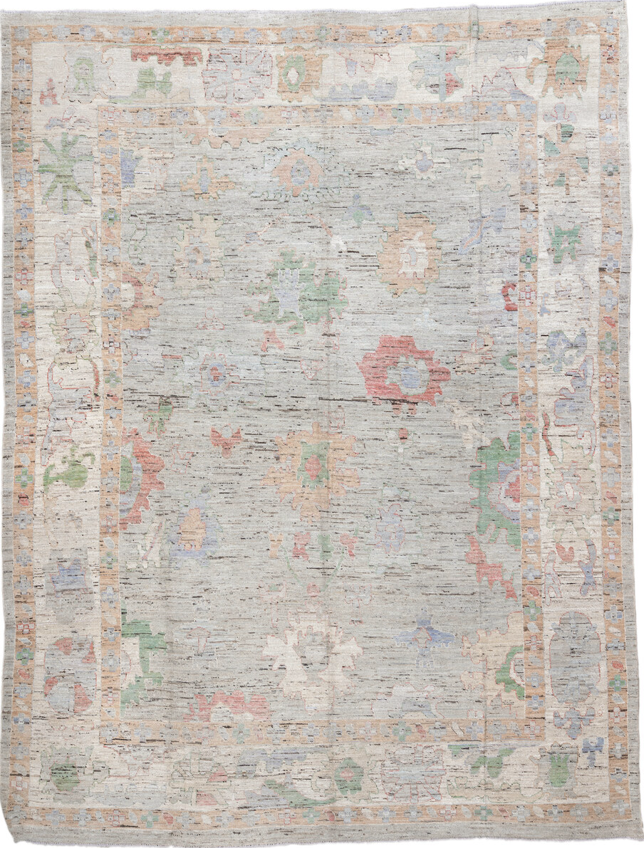 12' x 15' one-of-a-kind handmade vintage Oushak oversize rug. Color palette: pink, light gray, off-white, gray, brown