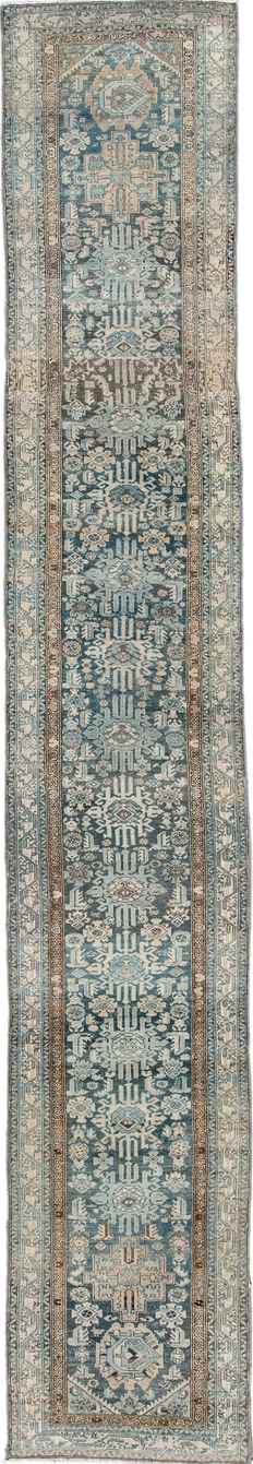 2' x 16' one-of-a-kind handmade vintage Malayer runner rug. Color palette: black, blue, brown, charcoal, dark gray, dim gray
