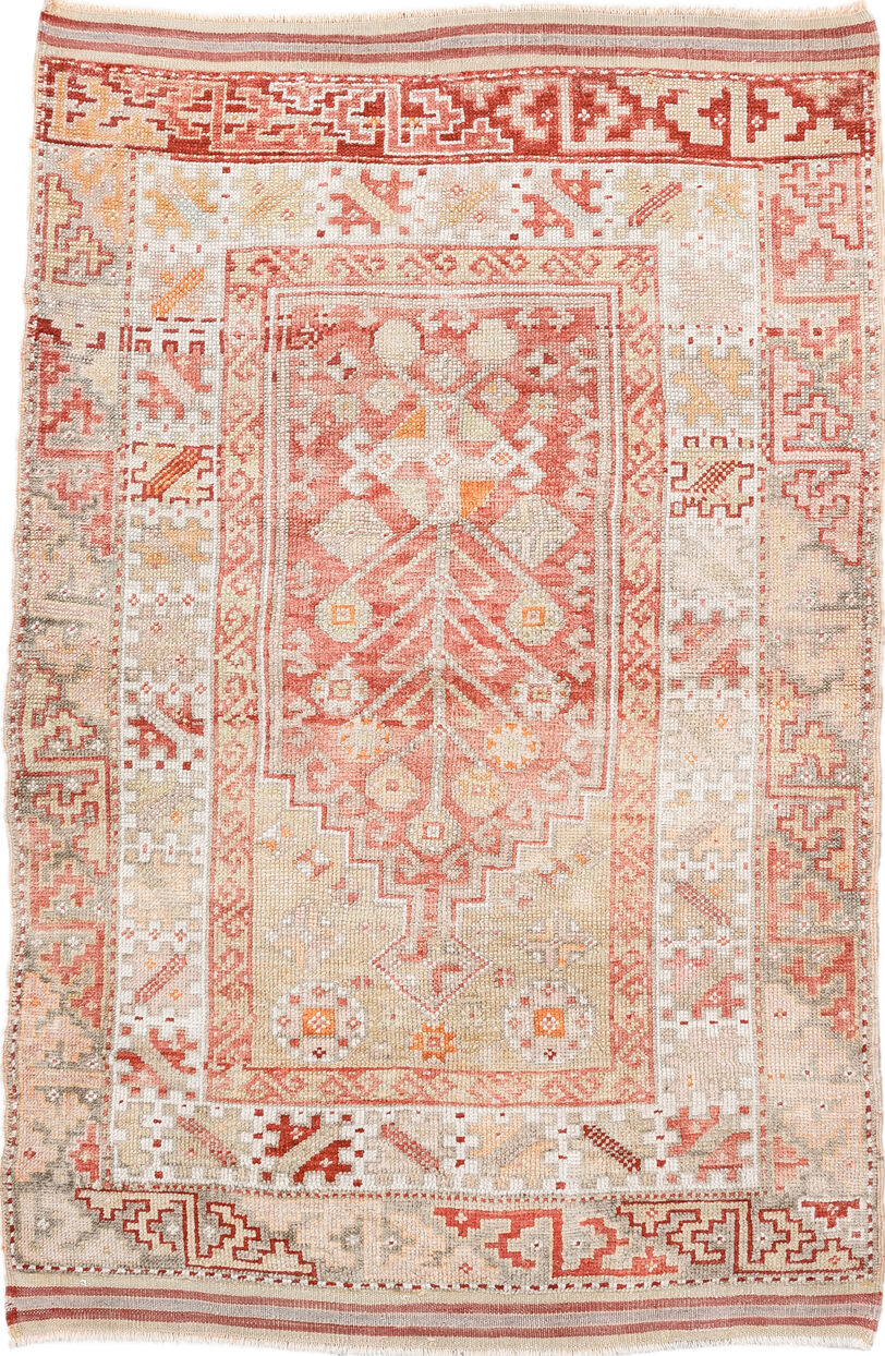 3' x 5' one-of-a-kind handmade vintage Anatol small size rug. Color palette: antiquewhite, beige, blanched almond, brown