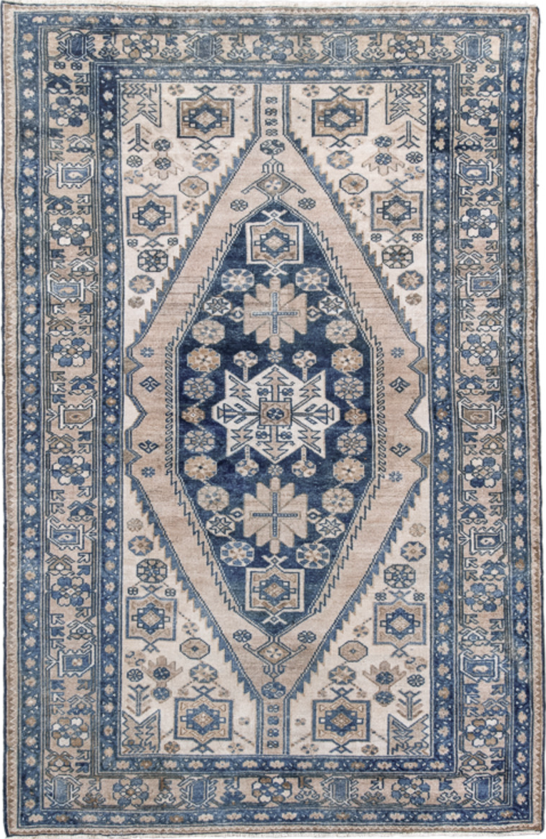4' x 6' one-of-a-kind handmade vintage Malayer small size rug. Color palette: blue, dark gray, dim gray, fiord, gray