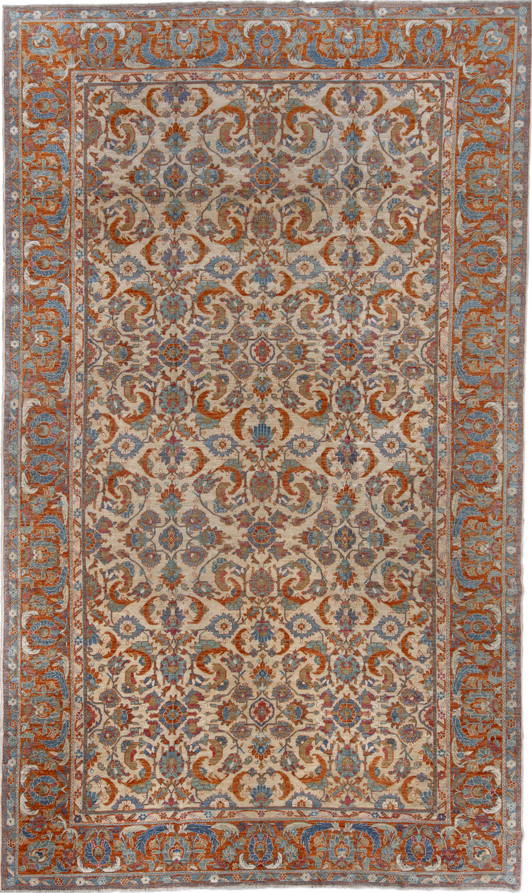 9' x 16' one-of-a-kind handmade vintage Tabriz rug. Color palette: blue, brown, dim gray, gray, light gray, pink, red