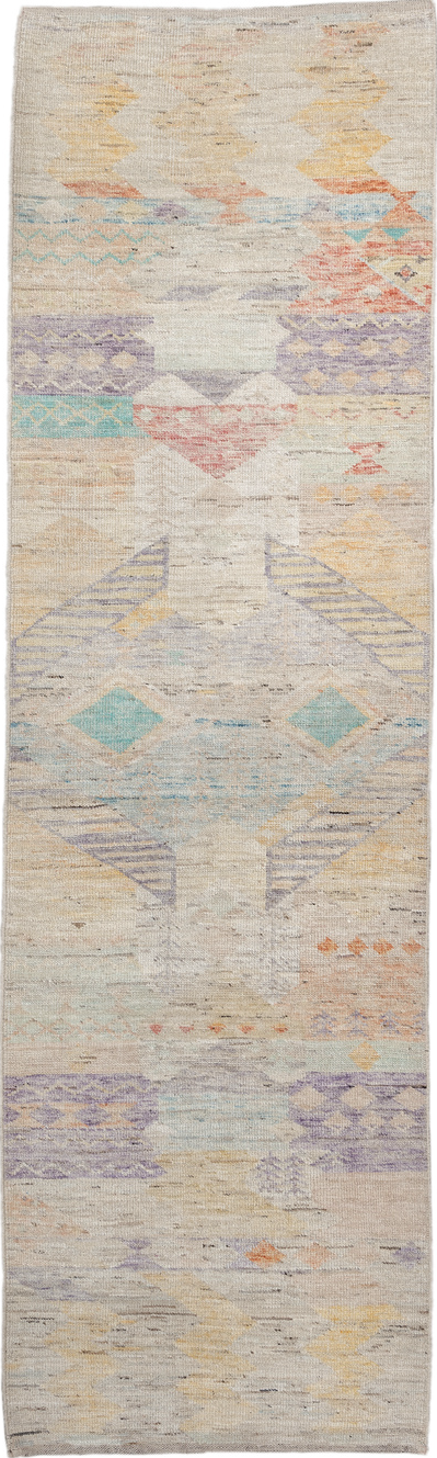 2' x 10' one-of-a-kind handmade vintage Tulu runner rug. Color palette: blue, brown, gainsboro, gray, light gray, off-white