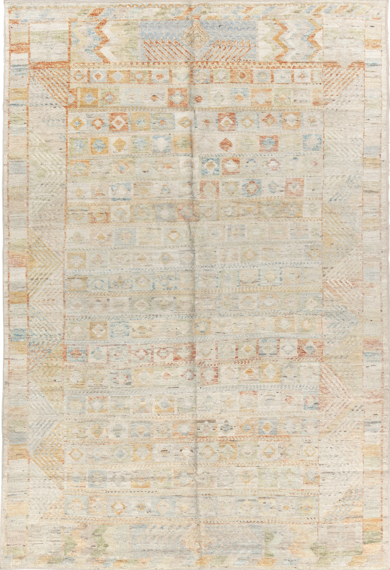 6' x 9' one-of-a-kind handmade vintage Tulu medium size rug. Color palette: brown, dark gray, gainsboro, gray, light gray