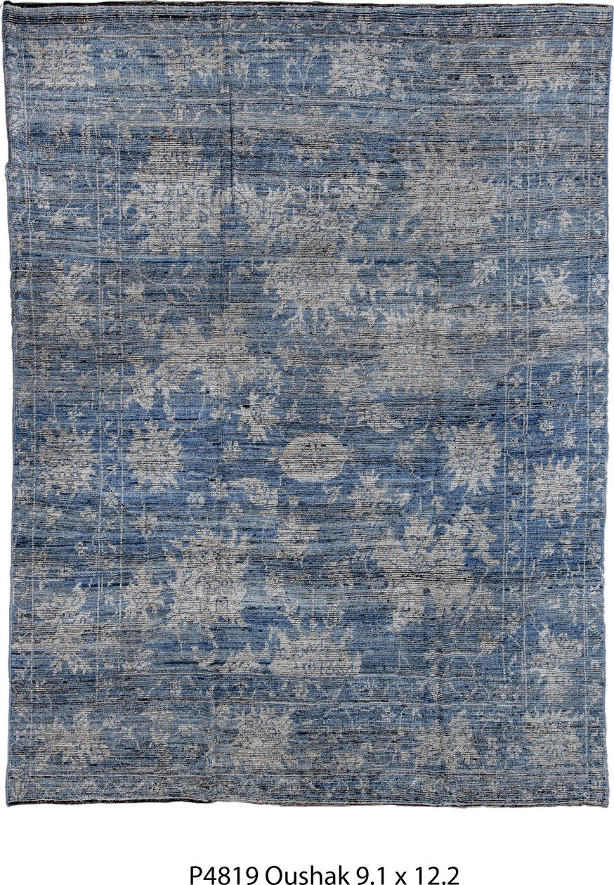 9' x 12' one-of-a-kind handmade vintage Oushak large size rug. Color palette: black, blue, charcoal, dark gray, dim gray