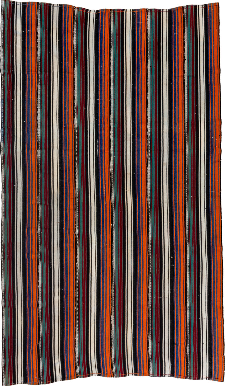 5' x 9' one-of-a-kind handmade vintage Flatweave medium size rug. Color palette: black, brown, charcoal, dark slate gray