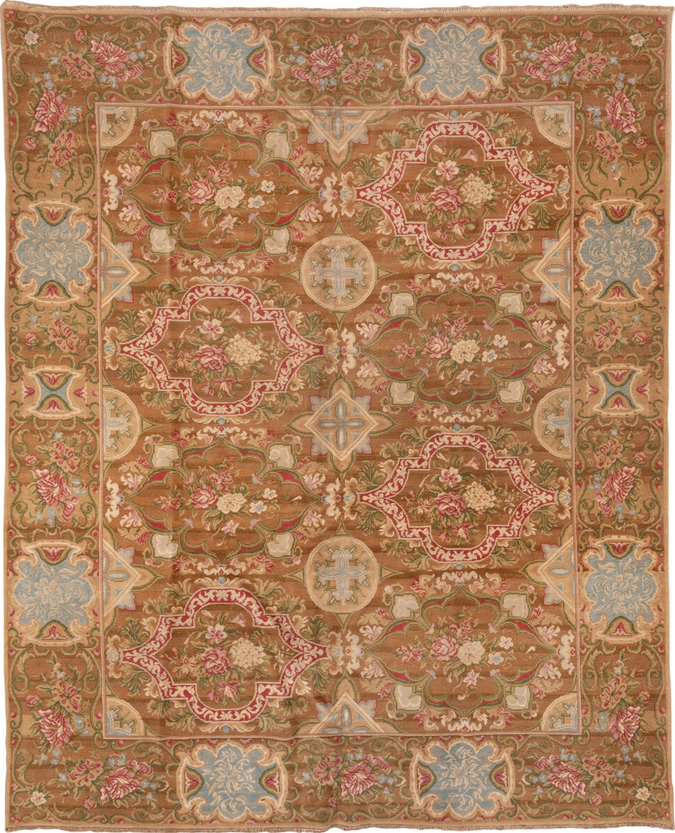 9' x 11' one-of-a-kind handmade vintage Savonnerie large size rug. Color palette: brown, gray, off-white, orange, tan