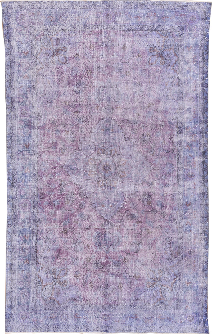 5' x 9' one-of-a-kind handmade vintage Overdyed medium size rug. Color palette: blue, gray, light blue, light gray