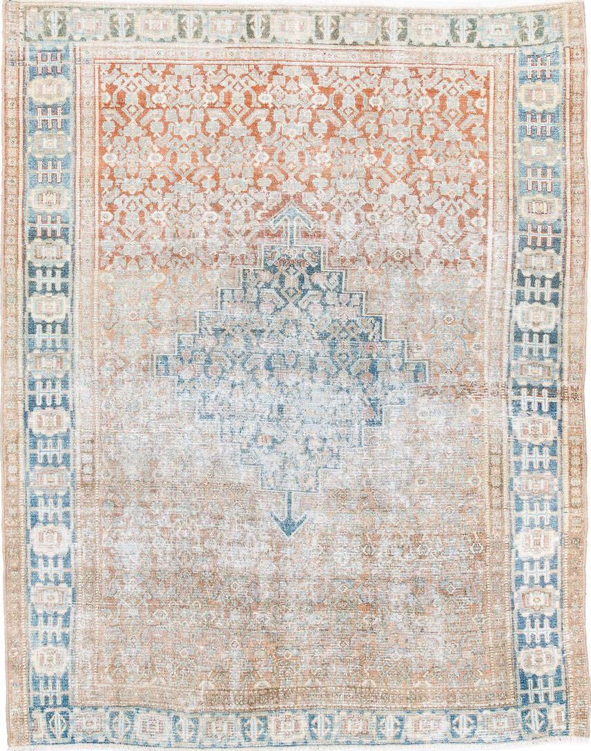 3' x 4' one-of-a-kind handmade vintage Hamadan small size rug. Color palette: blue, brown, dark gray, dark salmon, gray