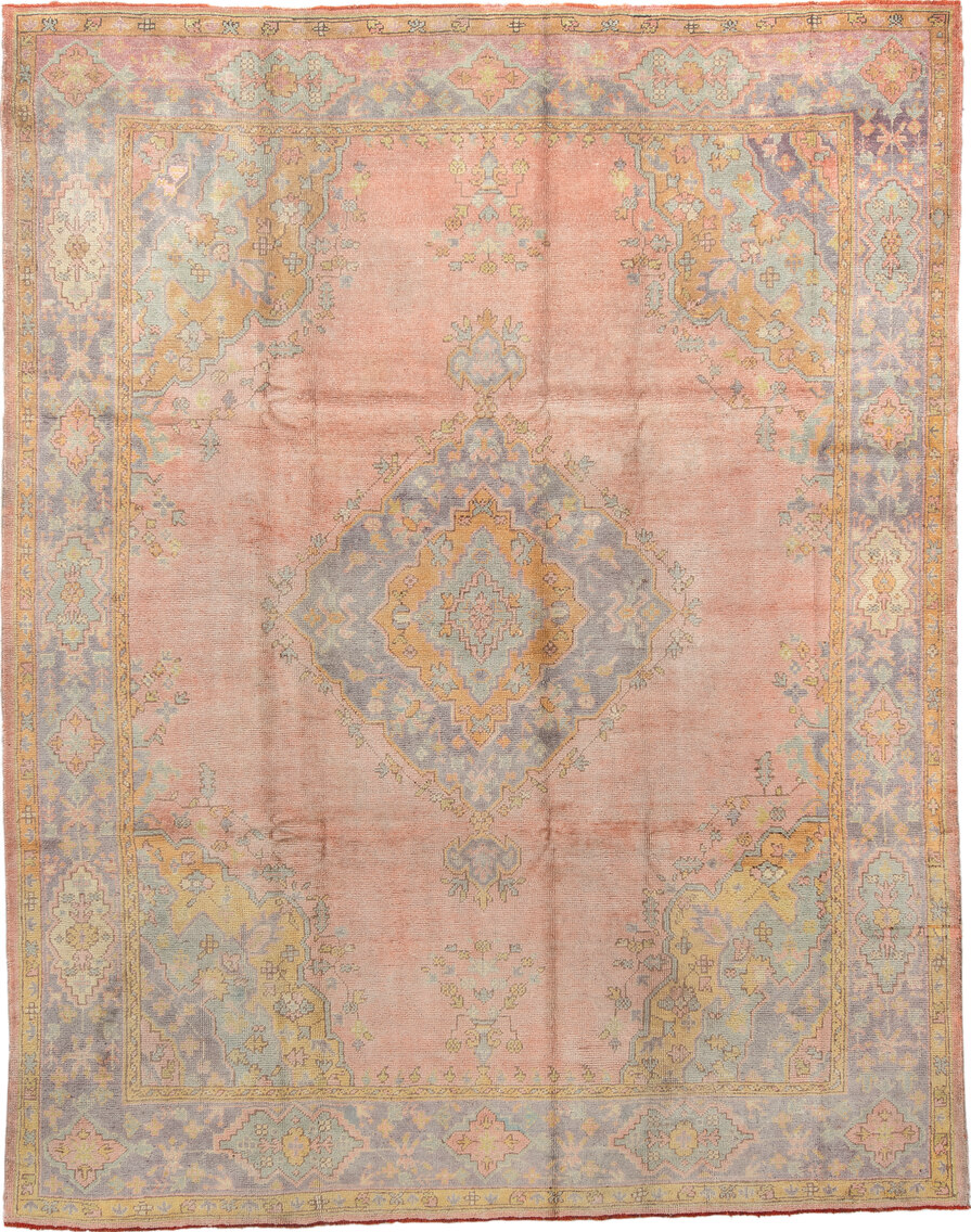 8' x 11' one-of-a-kind handmade vintage Oushak large size rug. Color palette: brown, gray, light gray, off-white, orange