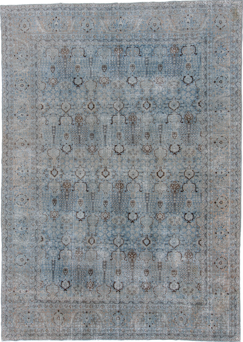 8' x 12' one-of-a-kind handmade vintage Tabriz large size rug. Color palette: gray, light gray, off-white, black, light blue