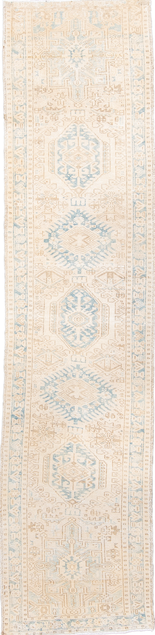 2' x 11' one-of-a-kind handmade vintage Karaje runner rug. Color palette: brown, off-white, orange, gray, light gray
