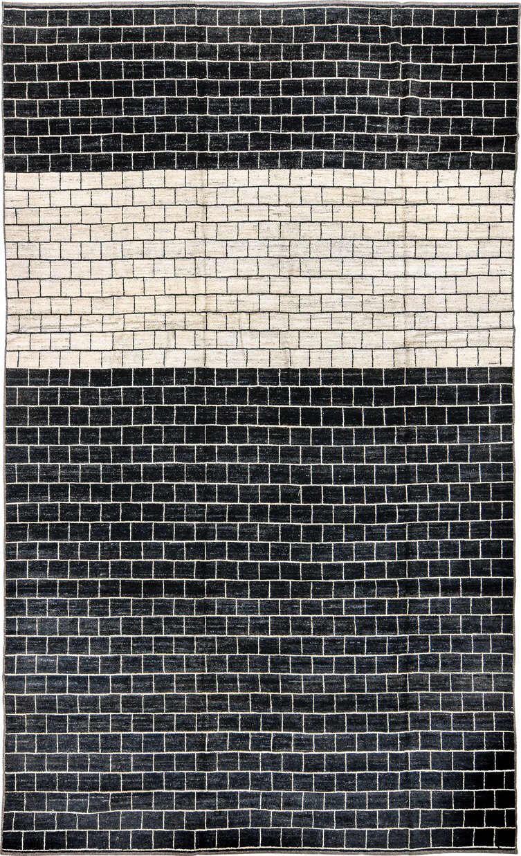 8' x 14' one-of-a-kind handmade vintage Tulu large size rug. Color palette: black, blue, charcoal, dark gray, gainsboro