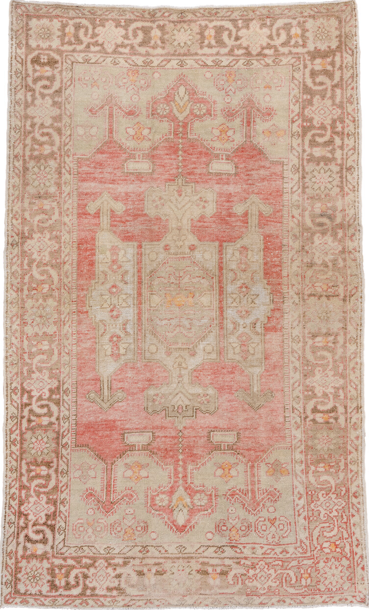 5' x 8' one-of-a-kind handmade vintage Oushak medium size rug. Color palette: brown, gray, light gray, off-white, orange