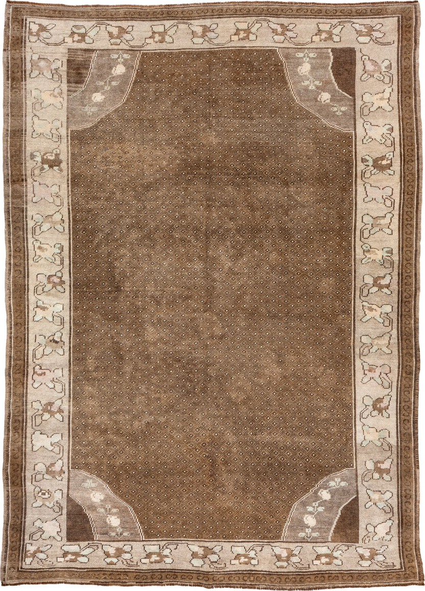 7' x 10' one-of-a-kind handmade vintage Kars large size rug. Color palette: antiquewhite, brown, gray, light gray, linen