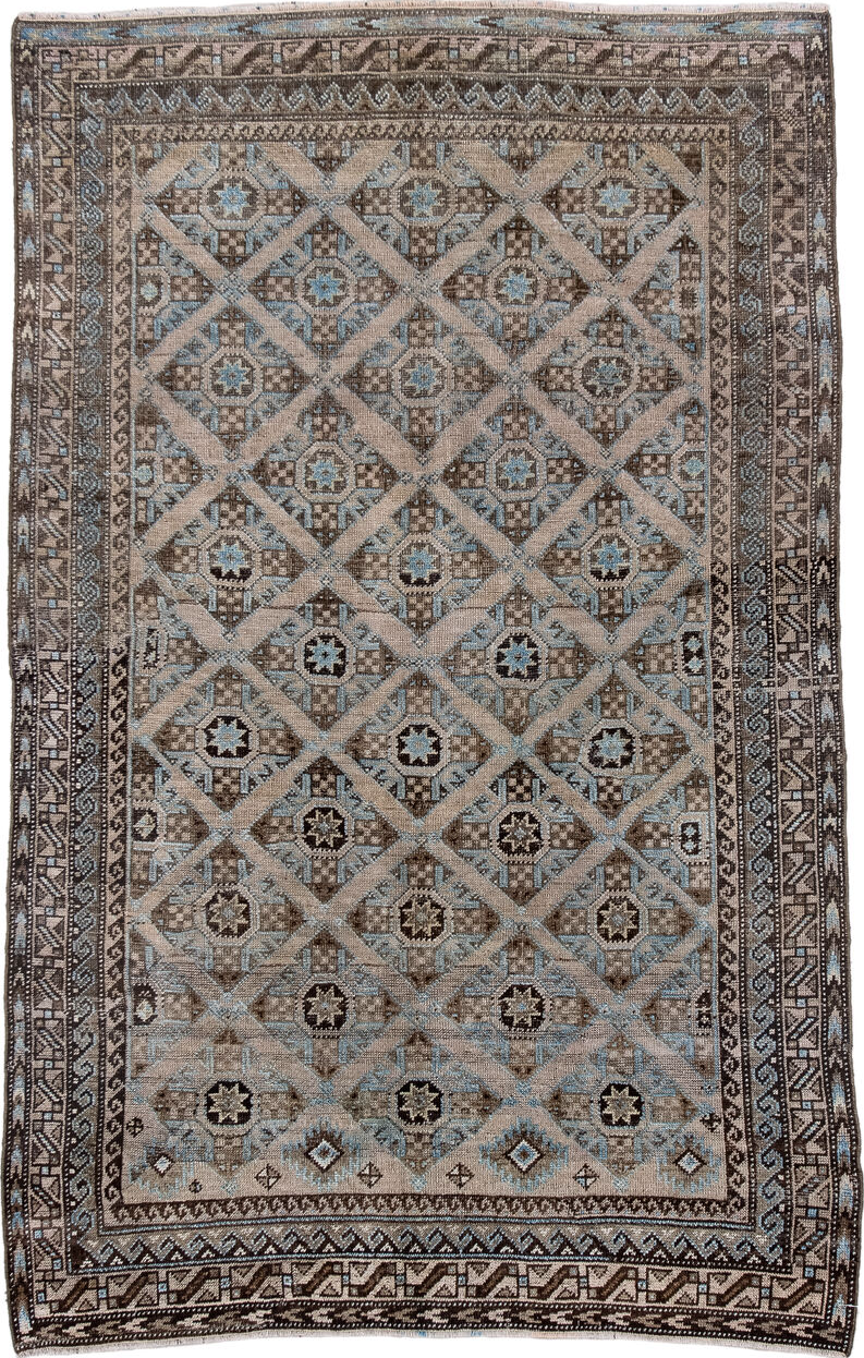 3' x 5' one-of-a-kind handmade vintage Belouch small size rug. Color palette: black, blue, charcoal, dark gray, dim gray