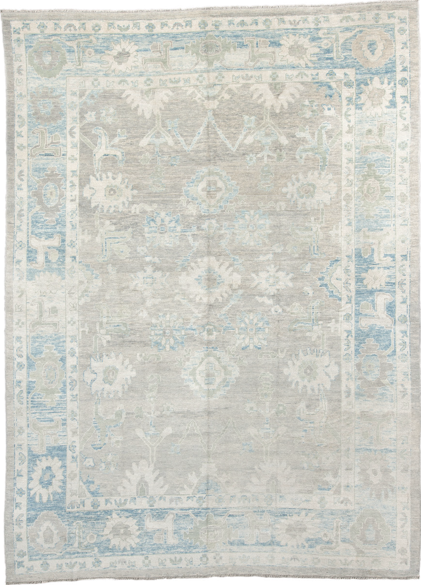 10' x 14' one-of-a-kind handmade vintage Oushak large size rug. Color palette: off-white, gray, light gray, light blue