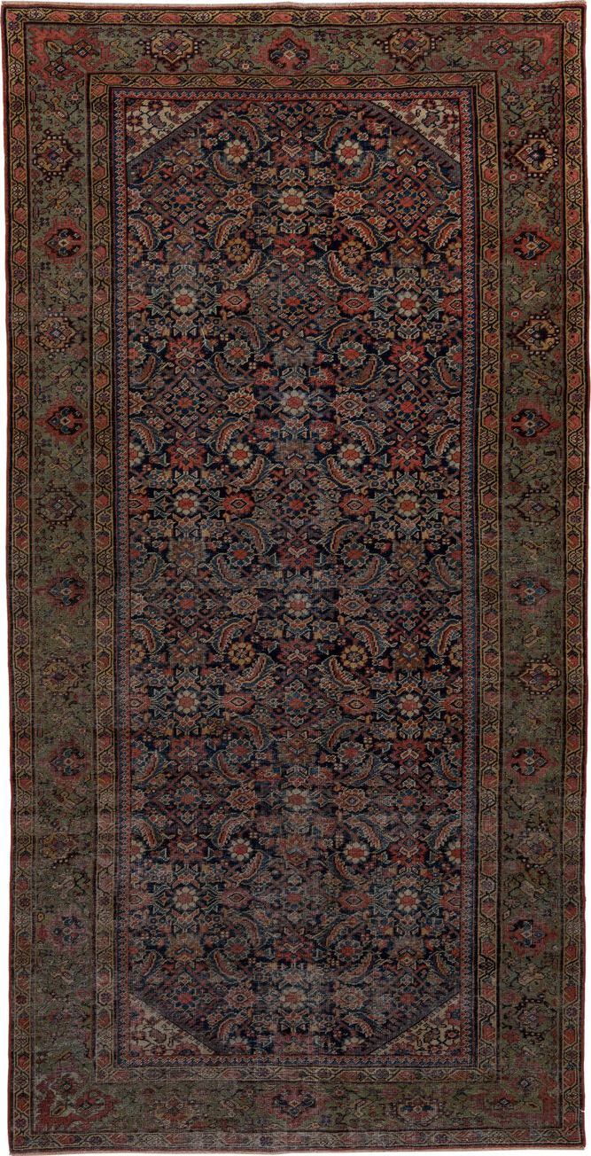 5' x 9' one-of-a-kind handmade vintage Farahan medium size rug. Color palette: black, blue, brown, gray, pink, red, redwood