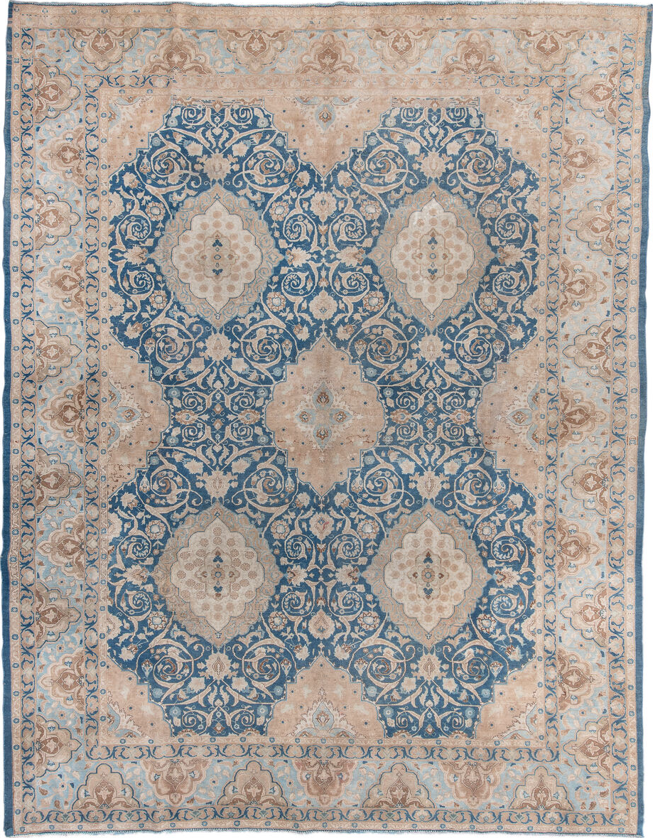 9' x 12' one-of-a-kind handmade vintage Tabriz large size rug. Color palette: arapawa, blue, brown, dark gray, gainsboro