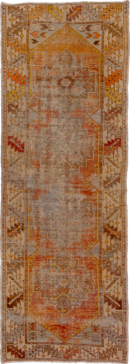 2' x 8' one-of-a-kind handmade vintage Oushak runner rug. Color palette: brown, gray, light gray, off-white, orange, pink