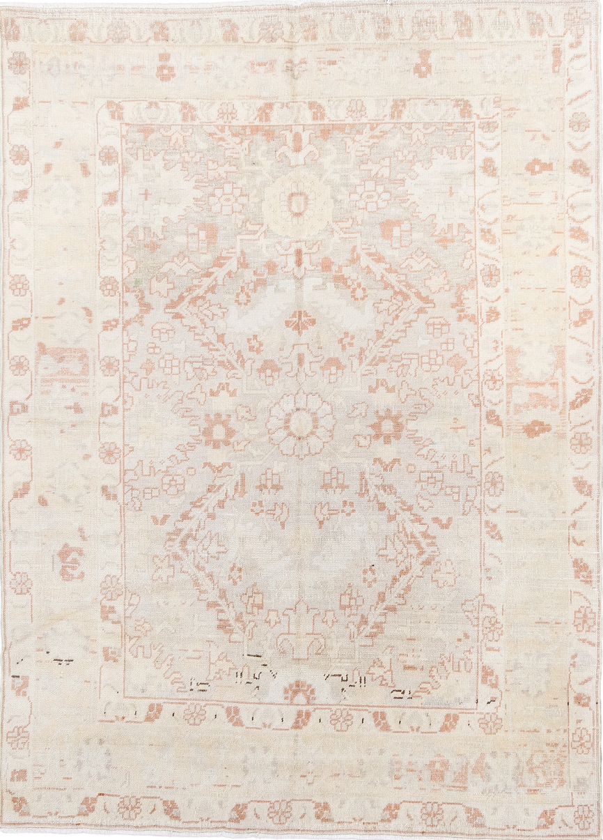 4' x 6' one-of-a-kind handmade vintage Anatol small size rug. Color palette: brown, gainsboro, gray, light gray, linen