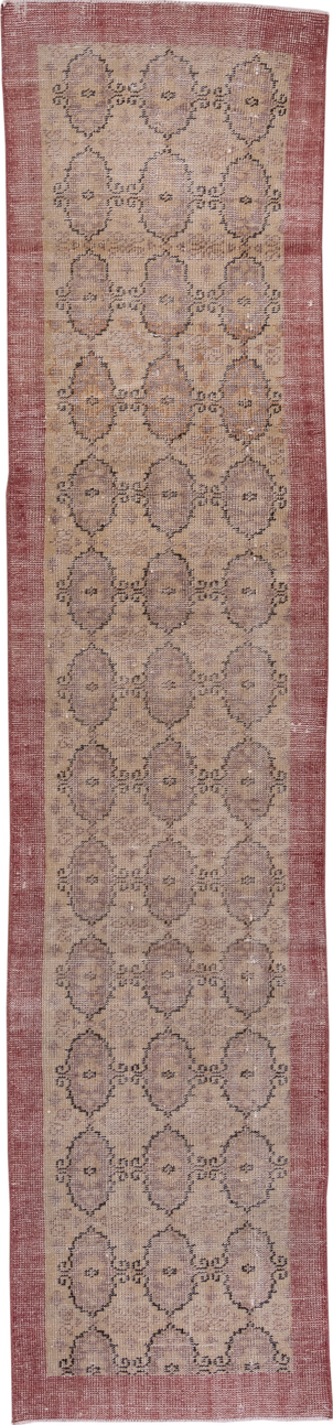 2' x 10' one-of-a-kind handmade vintage Oushak runner rug. Color palette: brown, gray, light gray, off-white, pink, red