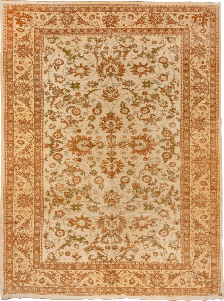11' x 15' one-of-a-kind handmade vintage Sultanabad oversize rug. Color palette: brown, burlywood, off-white, orange, yellow