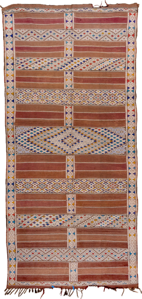 5' x 11' one-of-a-kind handmade vintage Kilim rug. Color palette: blue, brown, gray, light gray, off-white, pink