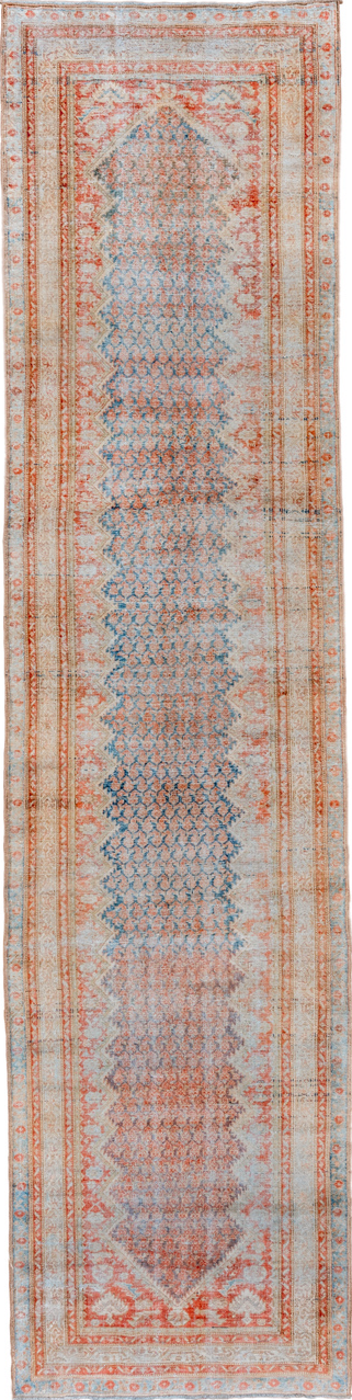 3' x 13' one-of-a-kind handmade vintage Mahal runner rug. Color palette: brown, dark gray, gray, light gray, off-white, pink
