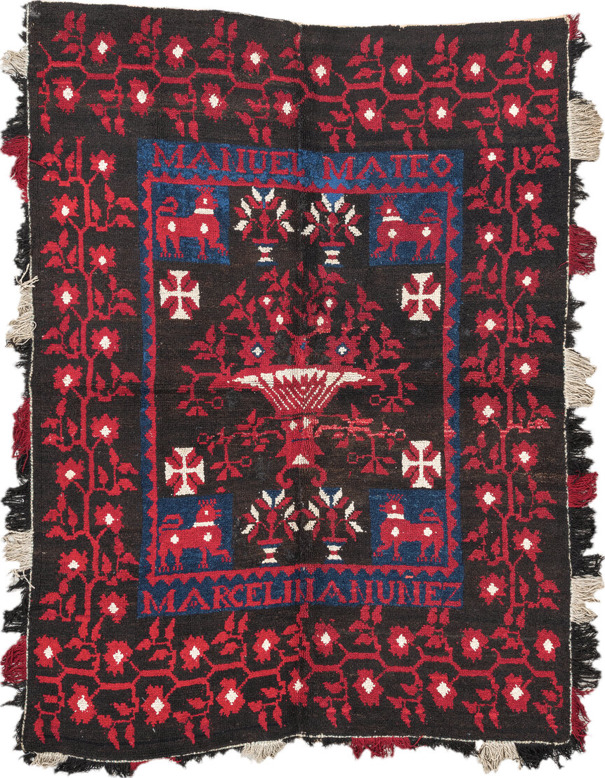 5' x 7' one-of-a-kind handmade vintage European rug. Color palette: off-white, pink, gray, blue, red, brown, black, charcoal
