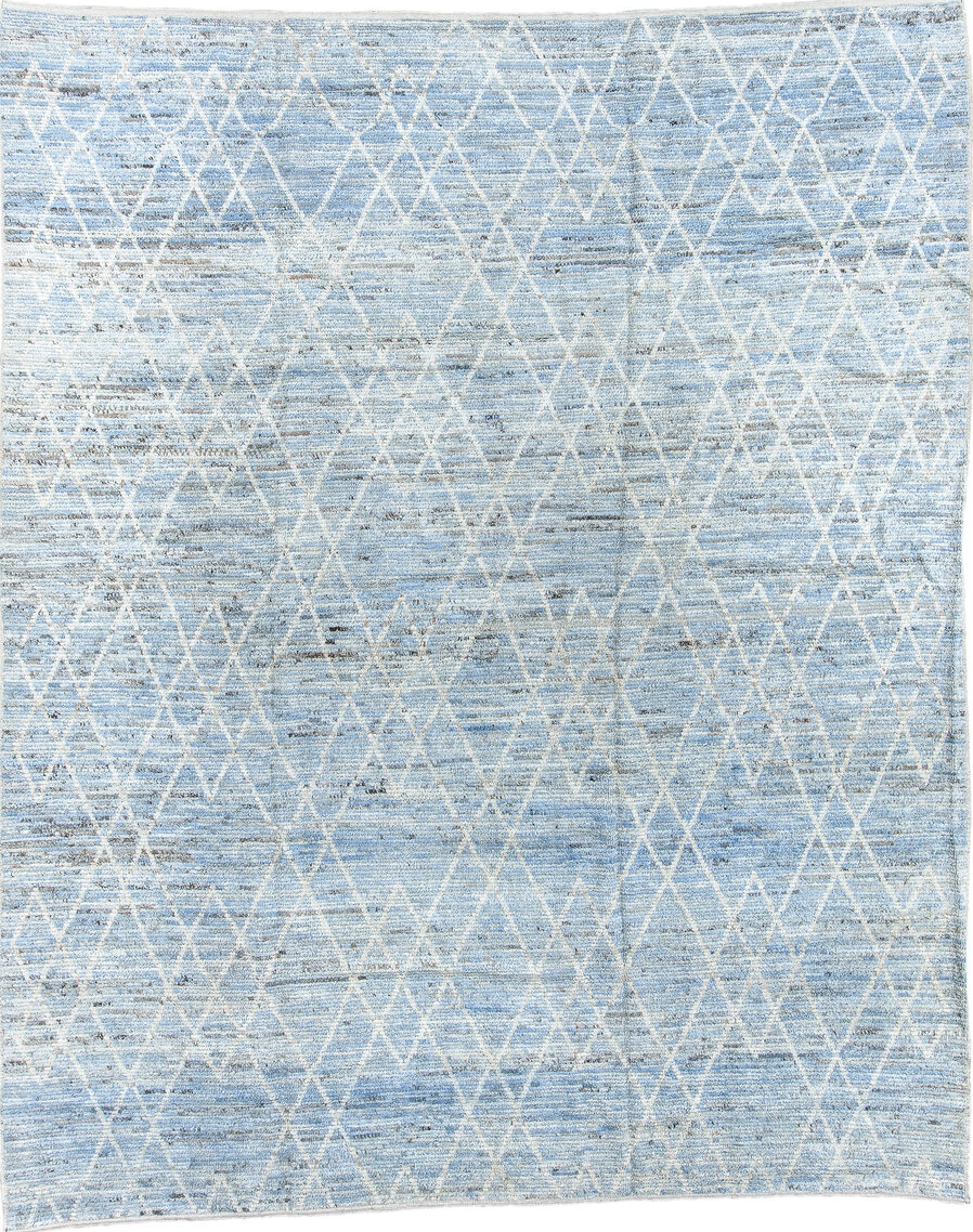 9' x 11' one-of-a-kind handmade vintage Tulu large size rug. Color palette: blue, dark gray, dim gray, gainsboro, gray