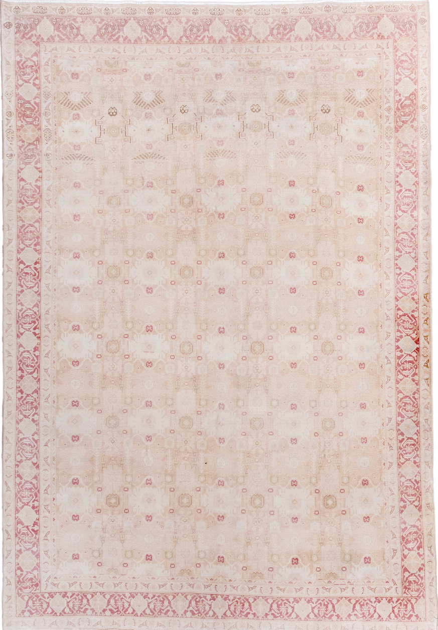 6' x 9' one-of-a-kind handmade vintage Sivas medium size rug. Color palette: brown, gray, light gray, off-white, pink