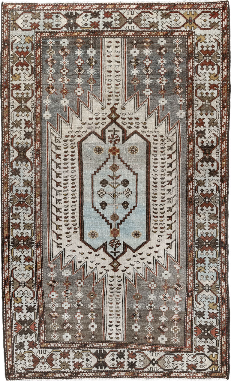 4' x 6' one-of-a-kind handmade vintage Malayer small size rug. Color palette: off-white, gray, brown, light gray, red, pink