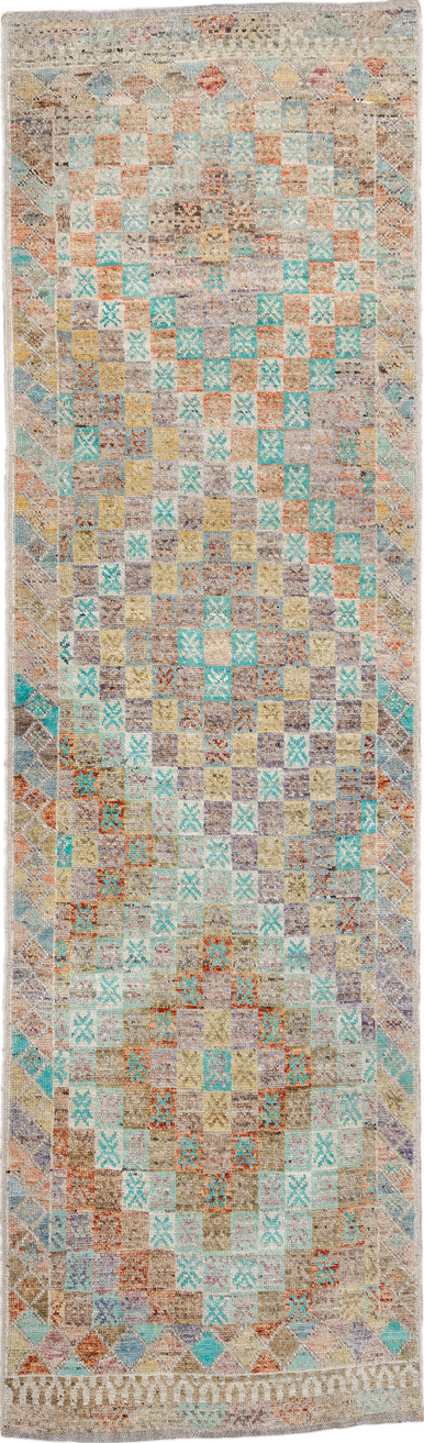 2' x 9' one-of-a-kind handmade vintage Tulu runner rug. Color palette: blue, brown, gainsboro, gray, green, light gray