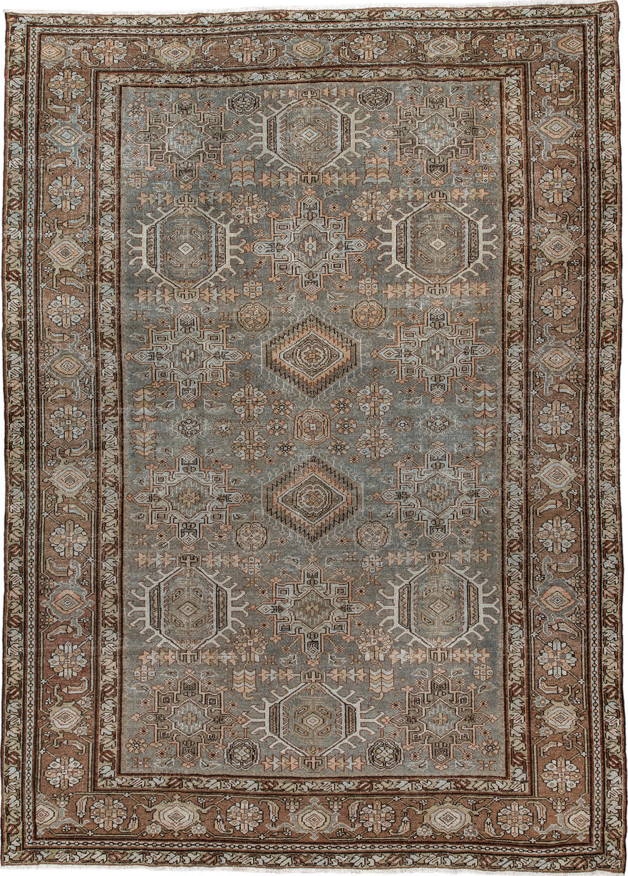 7' x 10' one-of-a-kind handmade vintage Karaje large size rug. Color palette: brown, dark gray, gray, light gray, off-white