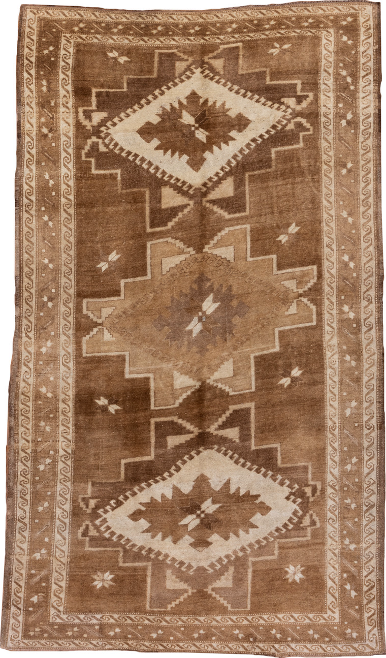 5' x 9' one-of-a-kind handmade vintage Oushak medium size rug. Color palette: brown, gray, light gray, off-white, orange