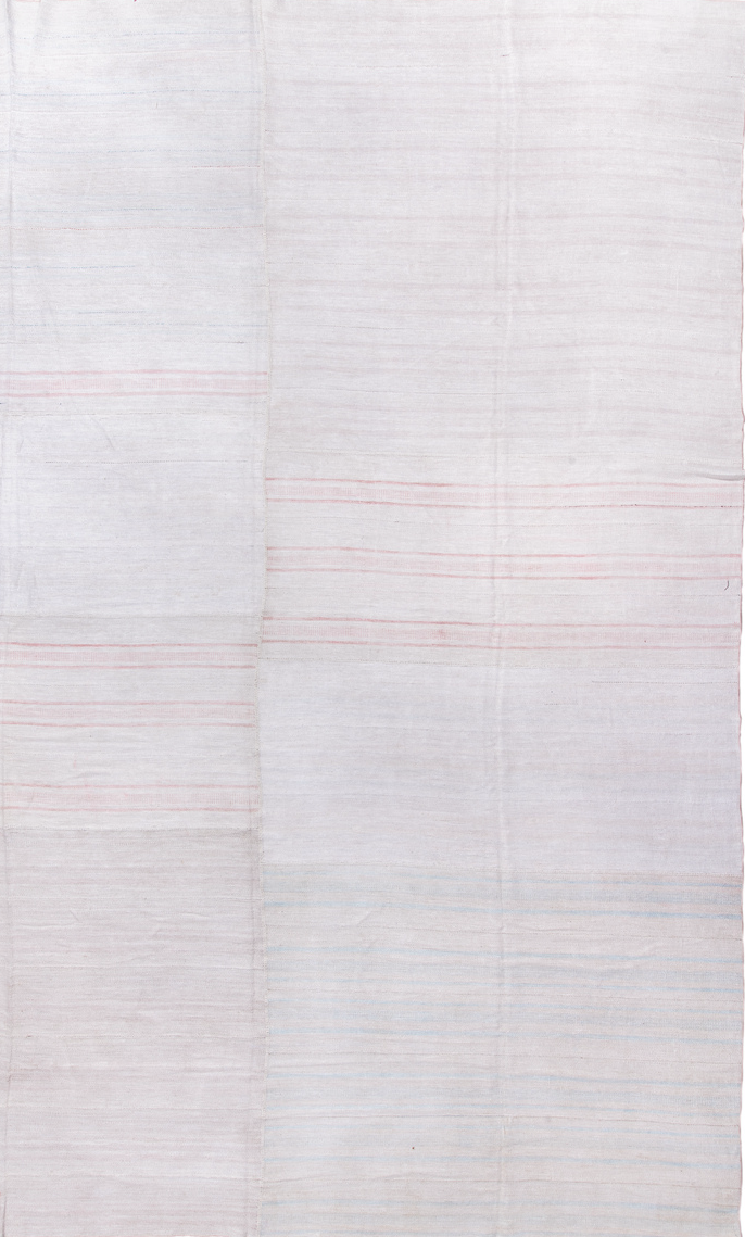 15' x 19' one-of-a-kind handmade vintage Flatweave oversize rug. Color palette: off-white, gray, light gray, pink, gainsboro