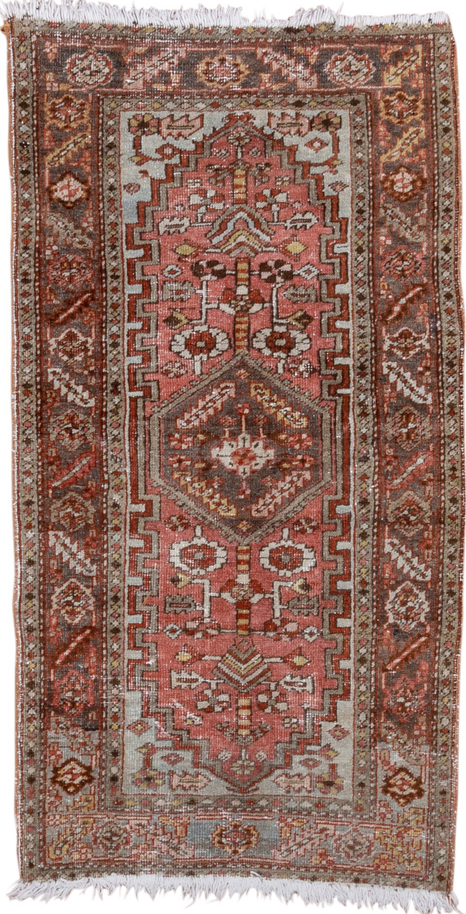 3' x 5' one-of-a-kind handmade vintage Heriz small size rug. Color palette: brown, dark gray, gray, light gray, off-white
