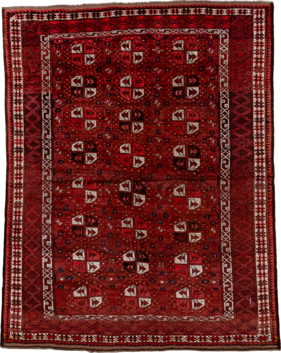 5' x 7' one-of-a-kind handmade vintage Afghan rug. Color palette: brown, dark red, fire brick, gray, indian red, light gray