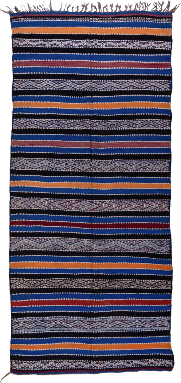 5' x 11' one-of-a-kind handmade vintage Kilim rug. Color palette: black, blue, brown, gray, light gray, purple, red