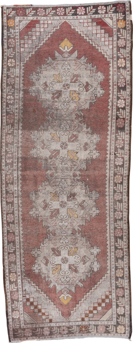3' x 9' one-of-a-kind handmade vintage Oushak runner rug. Color palette: brown, gray, light gray, pink, silver